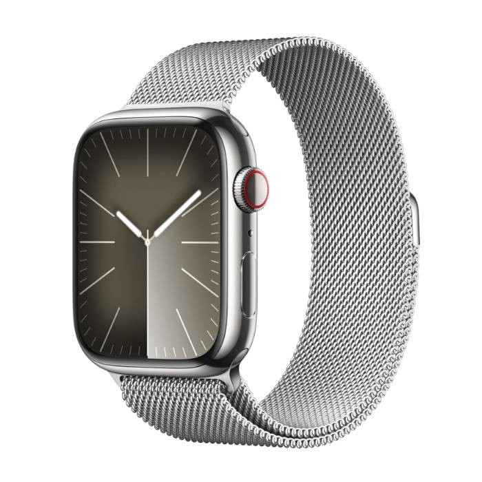 Apple Watch Series 9 [GPS + Cellular 45mm] Smartwatch with Silver Stainless Steel Case with Silver Milanese Loop. Fitness Tracker, ECG Apps, Always-On Retina Display