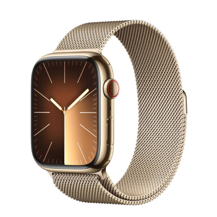 Apple Watch Series 9 [GPS + Cellular 45mm] Smartwatch with Gold Stainless Steel Case with Gold Milanese Loop. Fitness Tracker, ECG Apps, Always-On Retina Display